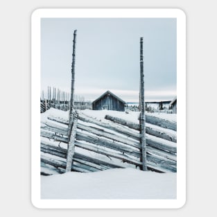 Wooden Fence and Cabin in Beautiful White Norwegian Winter Landscape Sticker